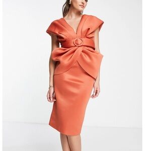 ASOS Orange Sheath Midi Dress with V-Neck